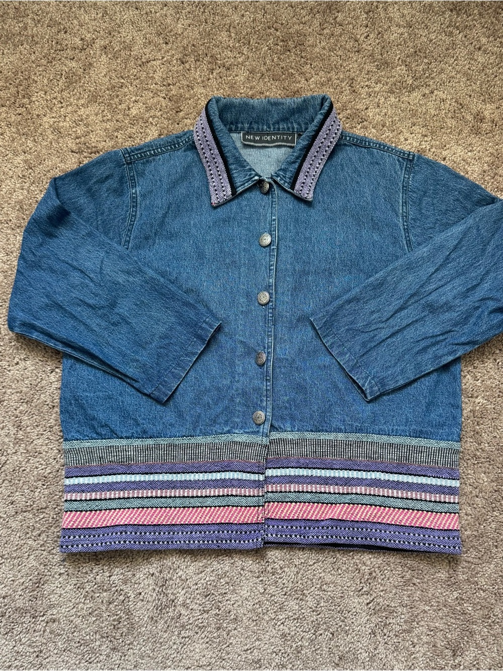 VTG New Identity Denim Jacket L Embroidered Floral Metal Button 3/4 Sleeve Boho